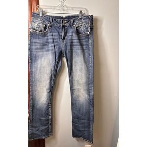 Vigoss The New York Bootcut Jeans Medium Wash Sequin Embroidered Flap Pocket 32
